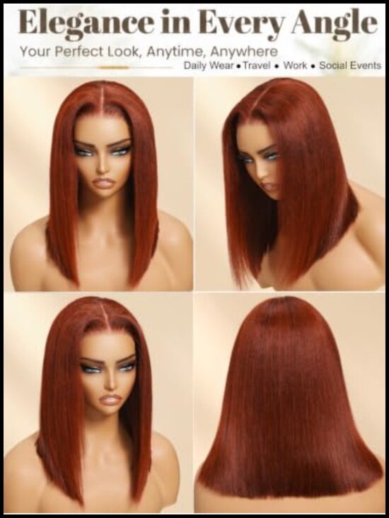 Human Hair Yaki Straight Bob Wig Glueless Lace Front Pre Plucked Pre Cut 12 inch main image 5
